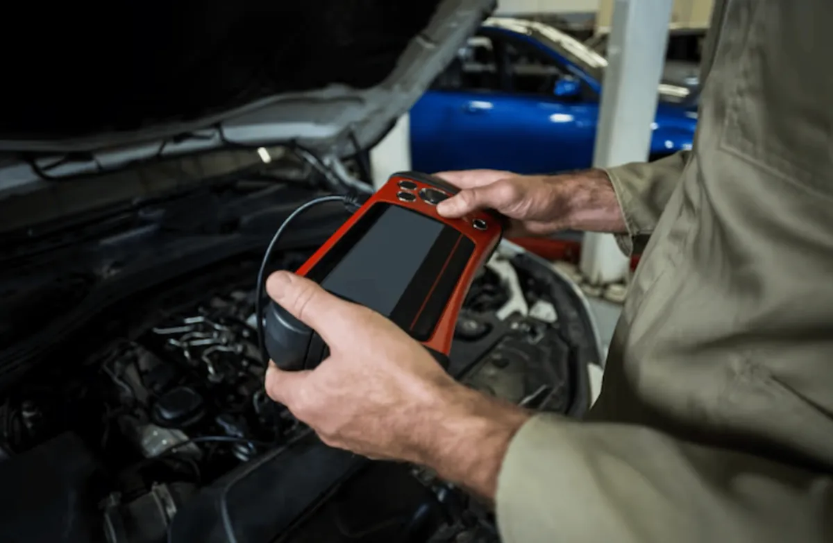 Fahrzeugdiagnose mit einem Diagnosegerät am Motorraum
